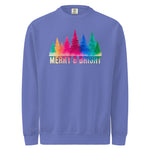 A purple sweatshirt with a graphic design featuring a line of colorful Christmas trees and the text "MERRY & BRIGHT" below them.