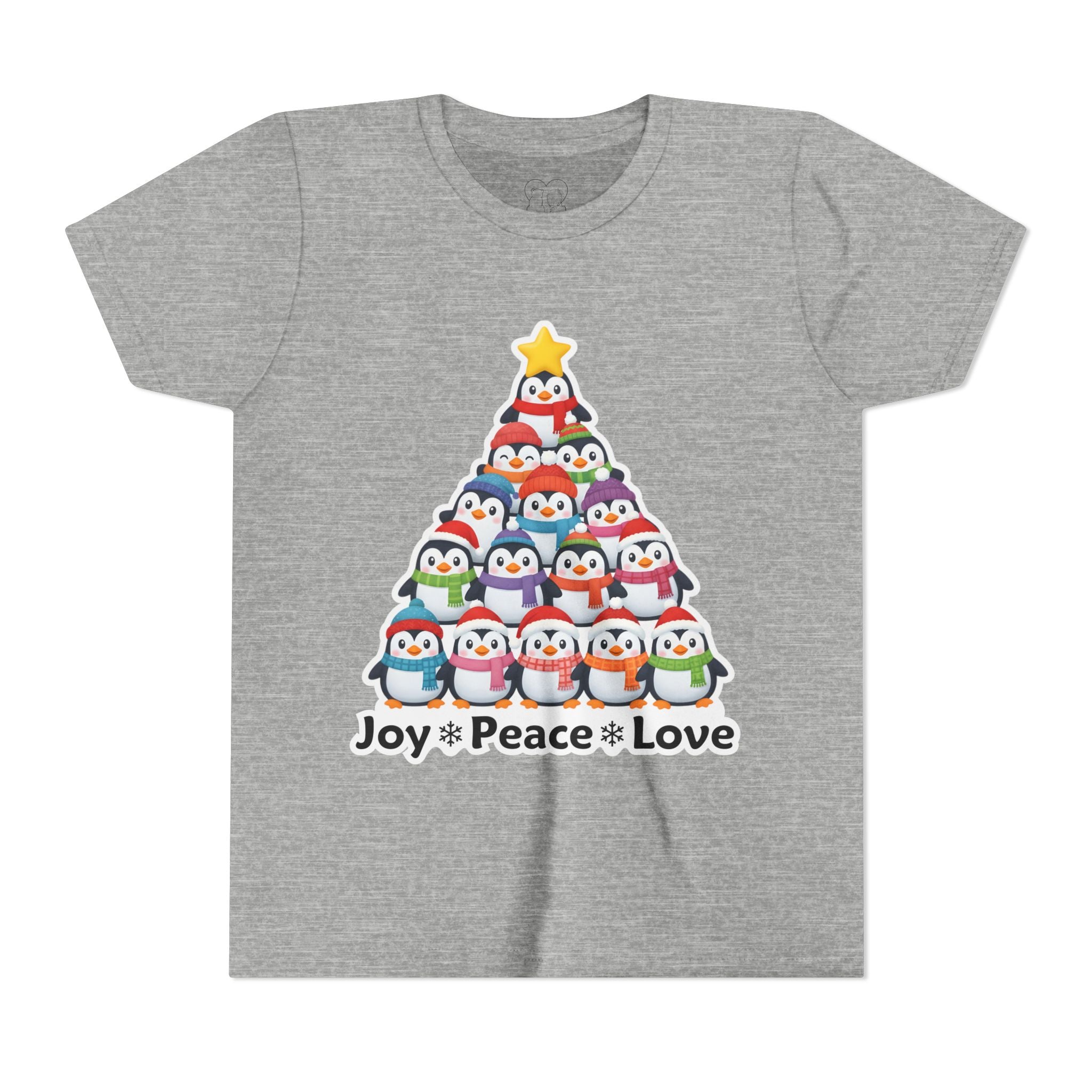 "Joy Peace Love" Kids Christmas Tee – Holiday Shirt, Penguin Graphic Tee