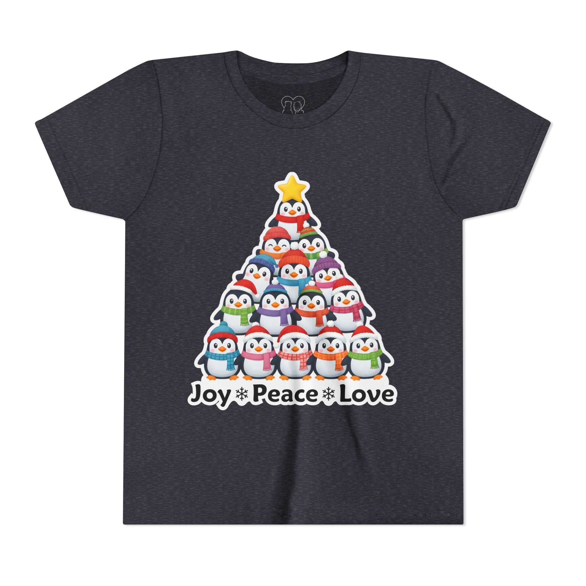"Joy Peace Love" Kids Christmas Tee – Holiday Shirt, Penguin Graphic Tee
