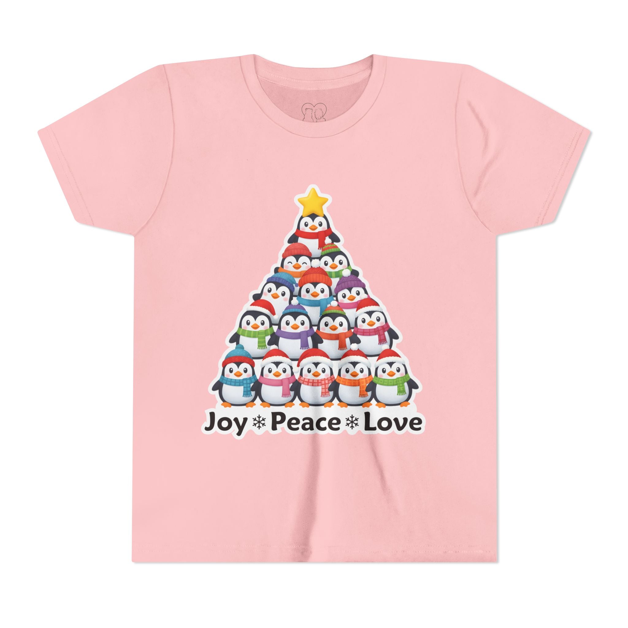 "Joy Peace Love" Kids Christmas Tee – Holiday Shirt, Penguin Graphic Tee