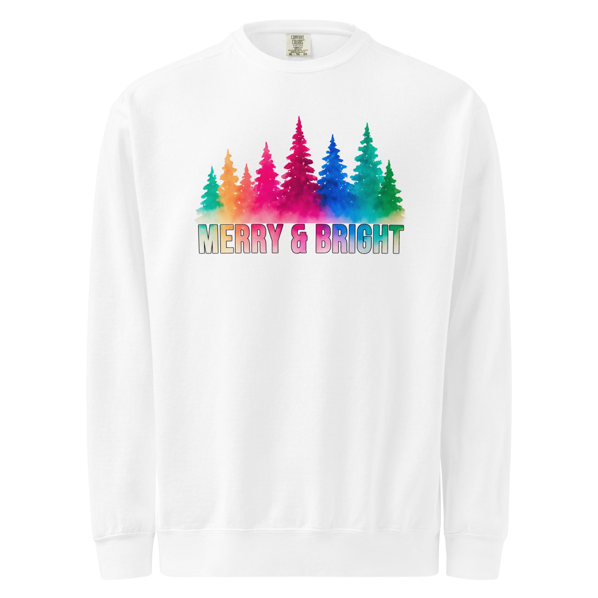 A white long-sleeved shirt with a colorful graphic design featuring a line of trees in various shades of green, orange, pink, and blue.