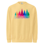 A yellow sweatshirt with a graphic design featuring a line of colorful trees and the text "MERRY & BRIGHT" in a rainbow color scheme.