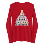 A red long-sleeved t-shirt with a Christmas tree graphic and the text "Joy Peace Love" printed on it.