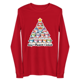 A red long-sleeved t-shirt with a Christmas tree graphic and the text "Joy Peace Love" printed on it.