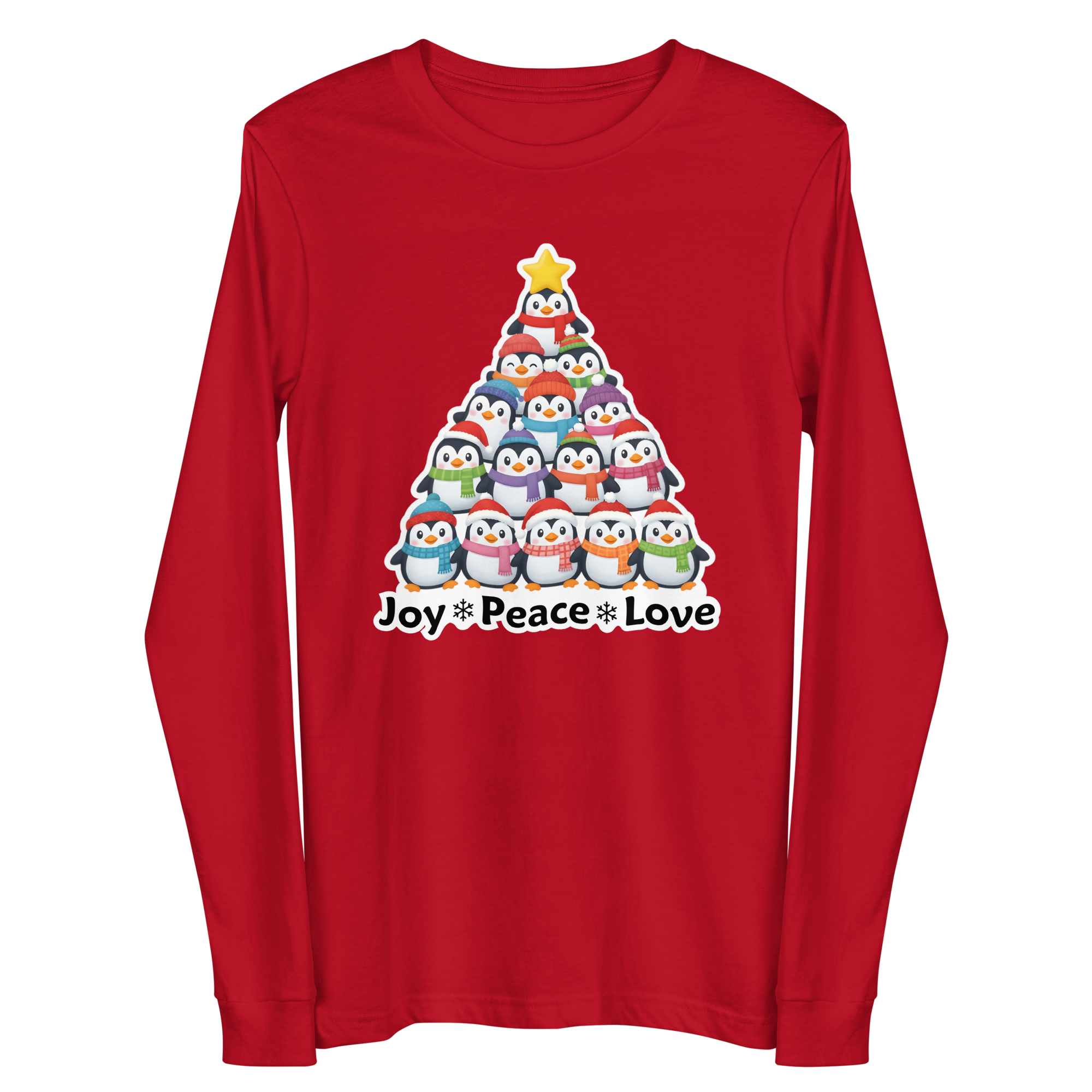 A red long-sleeved t-shirt with a Christmas tree graphic and the text "Joy Peace Love" printed on it.