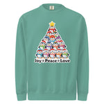 A green sweater with a Christmas tree design made up of various cartoon penguins.