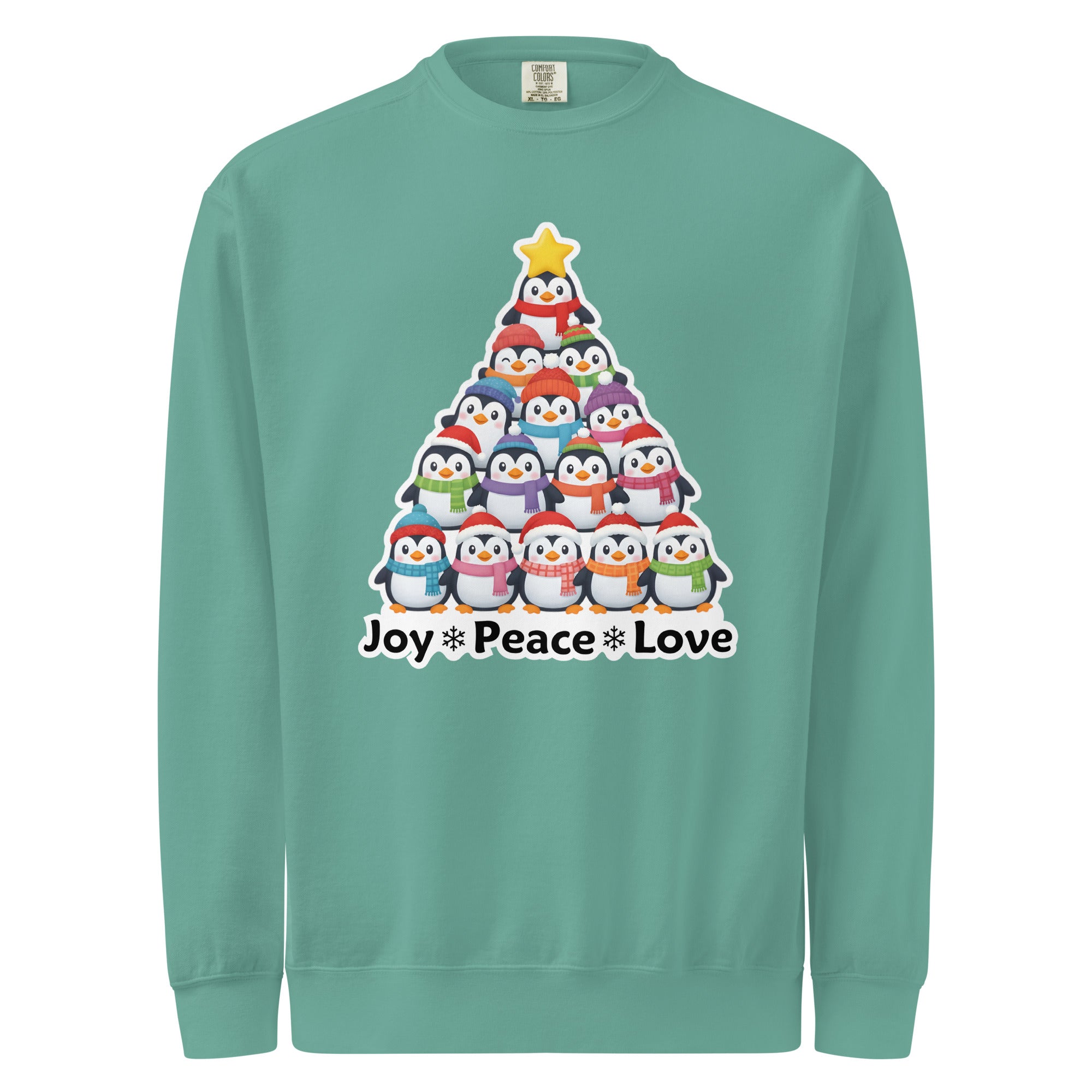 A green sweater with a Christmas tree design made up of various cartoon penguins.