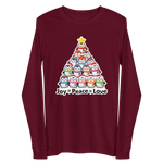 A red long-sleeved t-shirt with a Christmas tree graphic and the text "Joy Peace Love" printed on it.