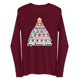 A red long-sleeved t-shirt with a Christmas tree graphic and the text "Joy Peace Love" printed on it.