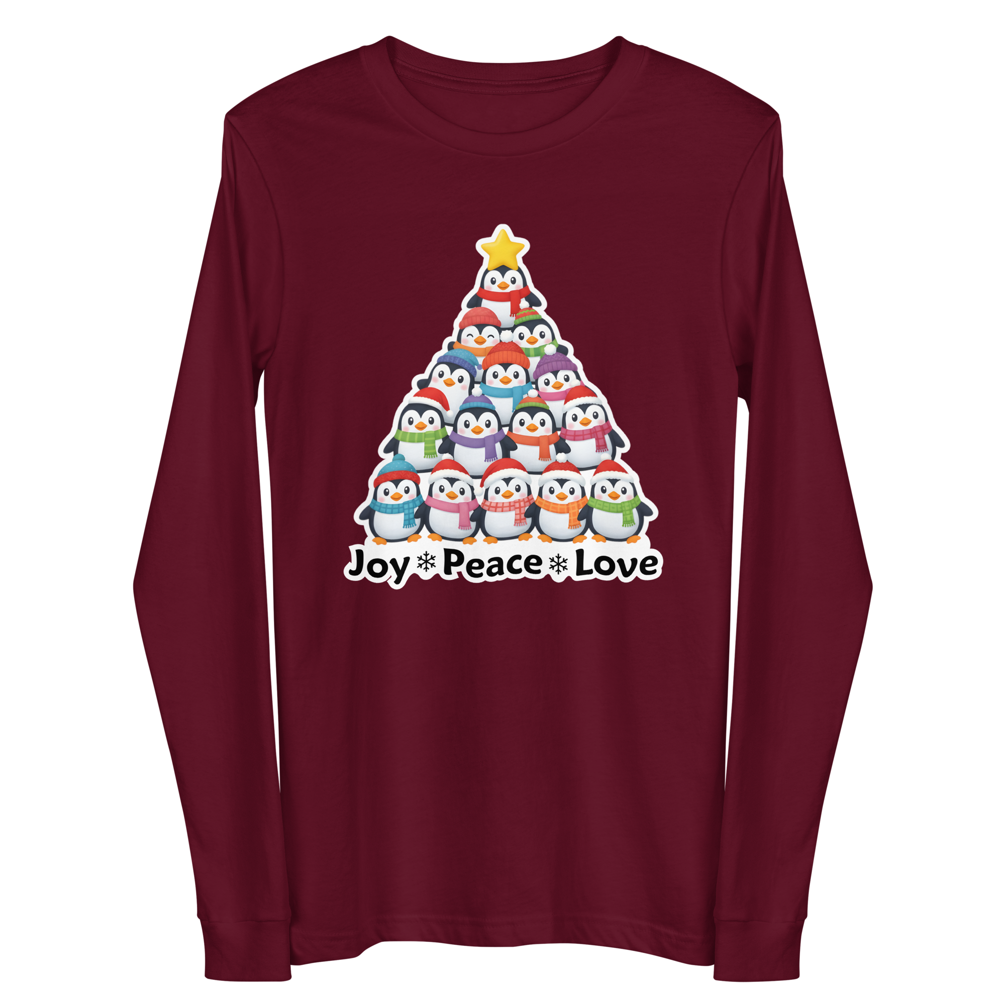 A red long-sleeved t-shirt with a Christmas tree graphic and the text "Joy Peace Love" printed on it.