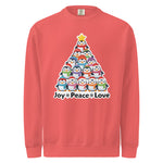 A red sweater with a Christmas tree design made up of multiple small penguins.