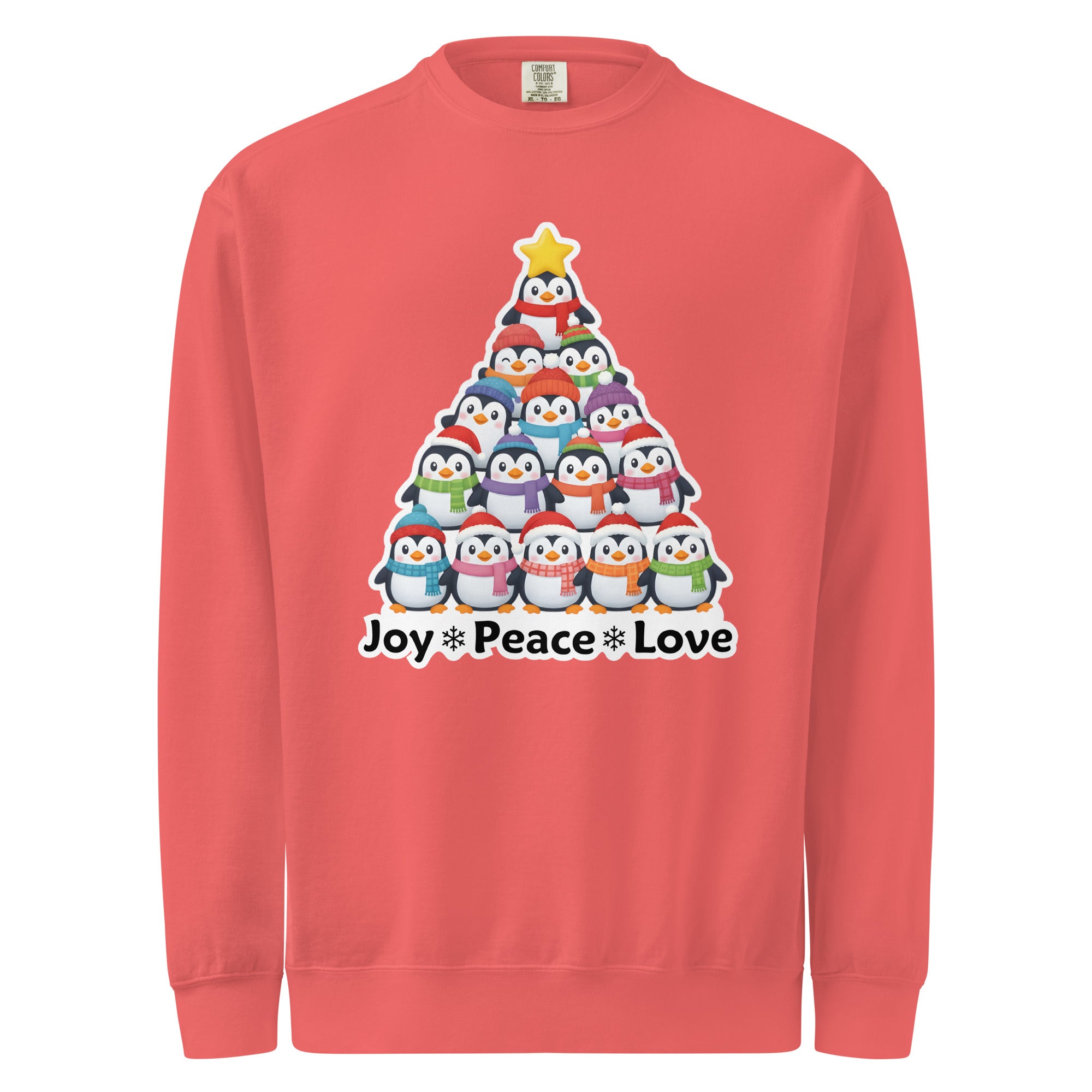 A red sweater with a Christmas tree design made up of multiple small penguins.