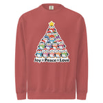 A red sweater with a Christmas tree design made up of various cartoon penguins.