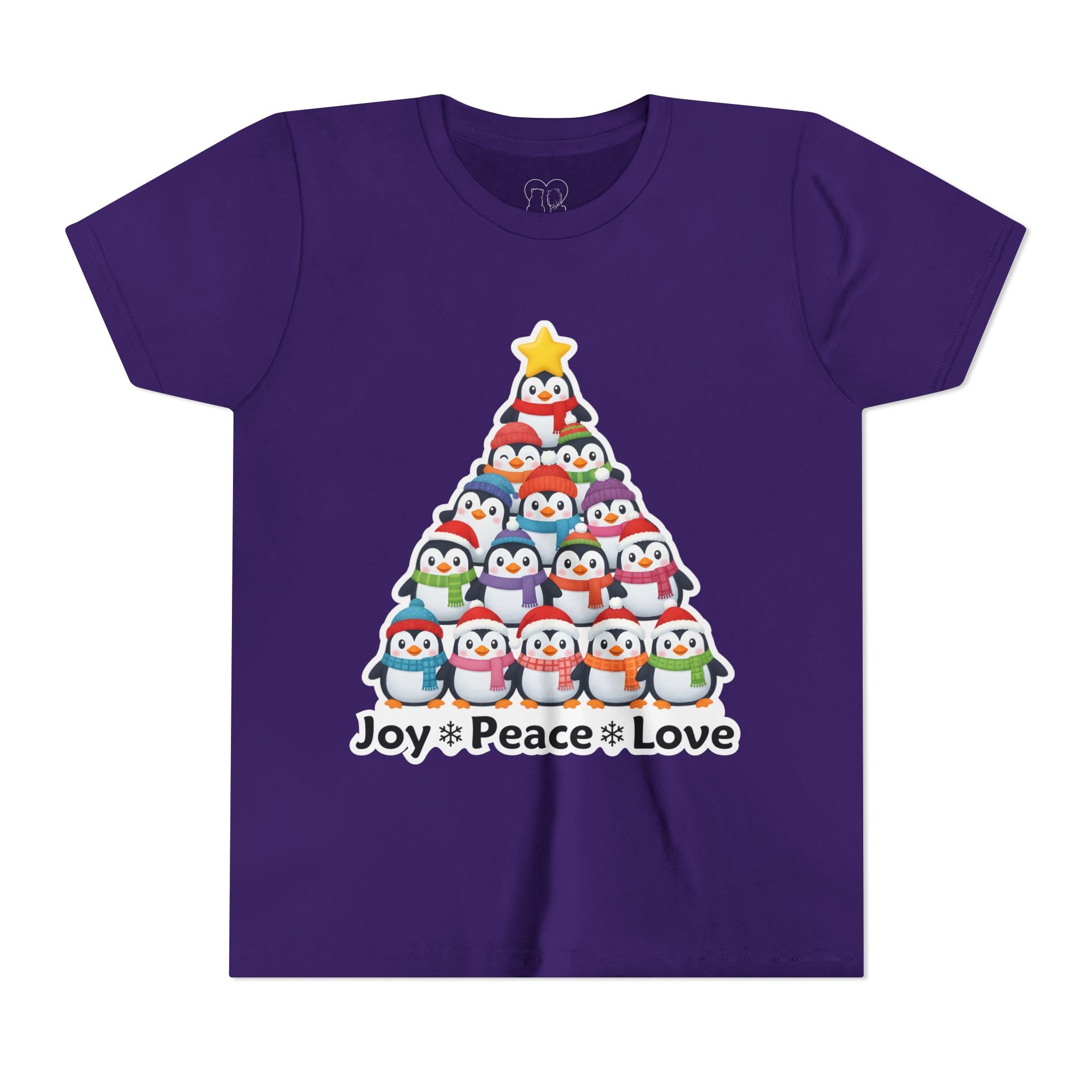 "Joy Peace Love" Kids Christmas Tee – Holiday Shirt, Penguin Graphic Tee