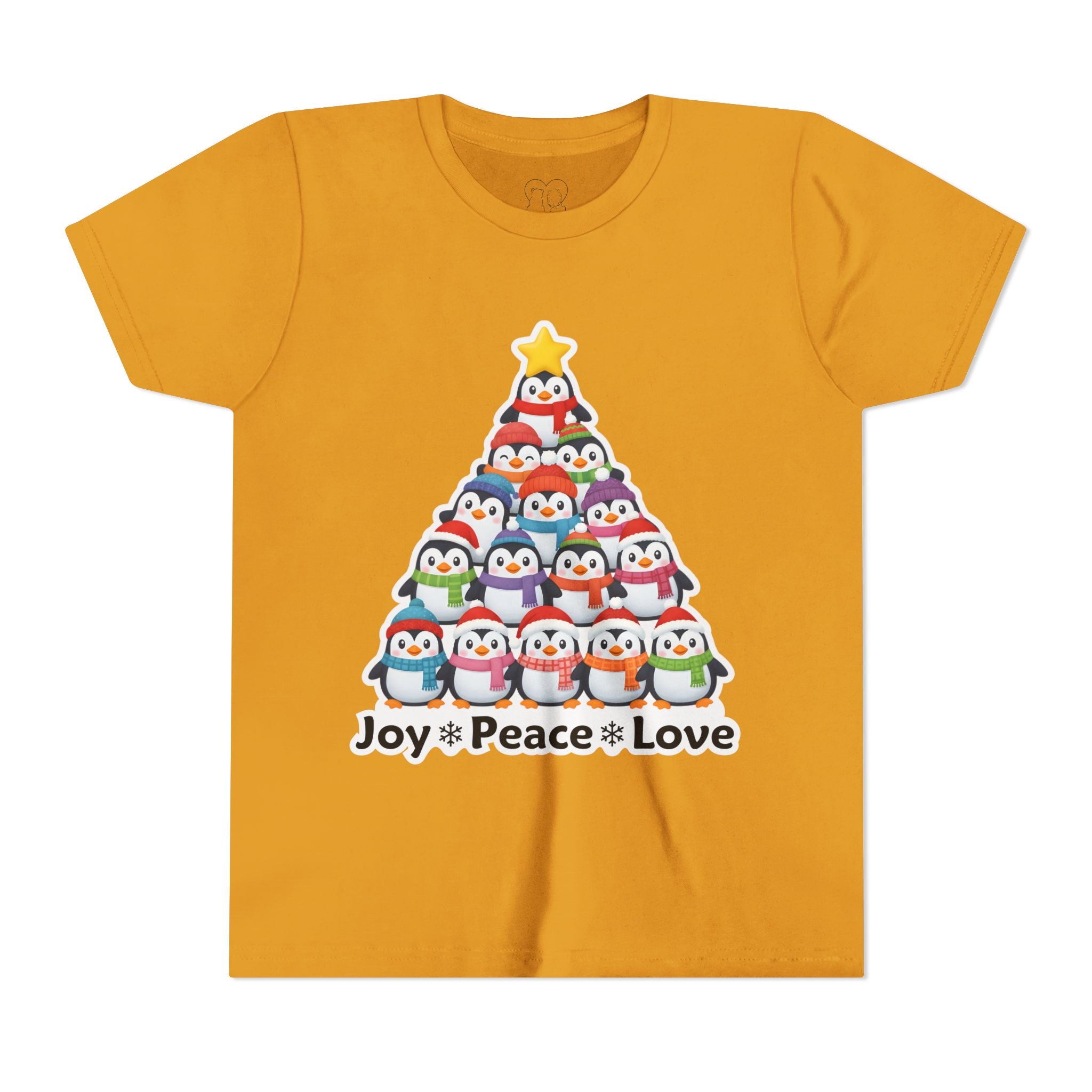 "Joy Peace Love" Kids Christmas Tee – Holiday Shirt, Penguin Graphic Tee