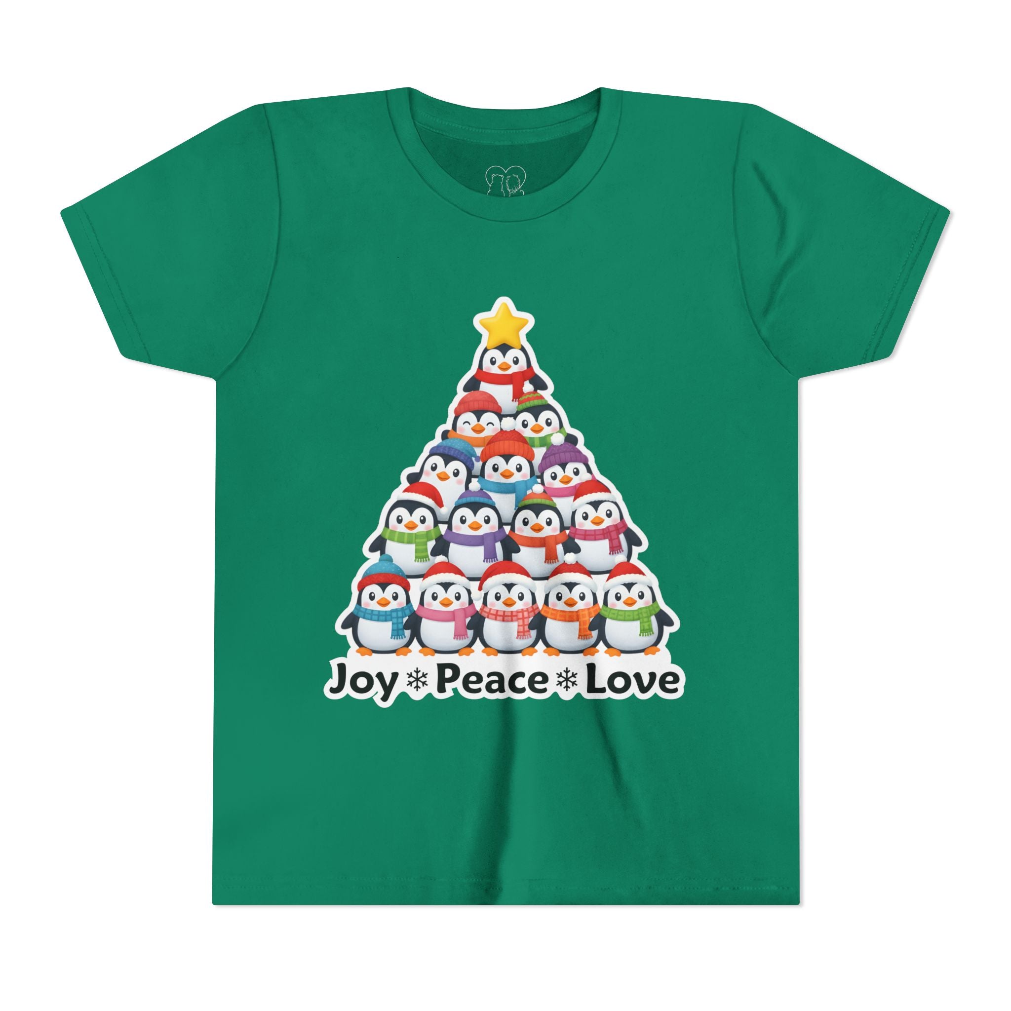 "Joy Peace Love" Kids Christmas Tee – Holiday Shirt, Penguin Graphic Tee