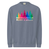 A gray sweatshirt with a graphic design featuring a line of colorful Christmas trees and the text "MERRY & BRIGHT" below them.