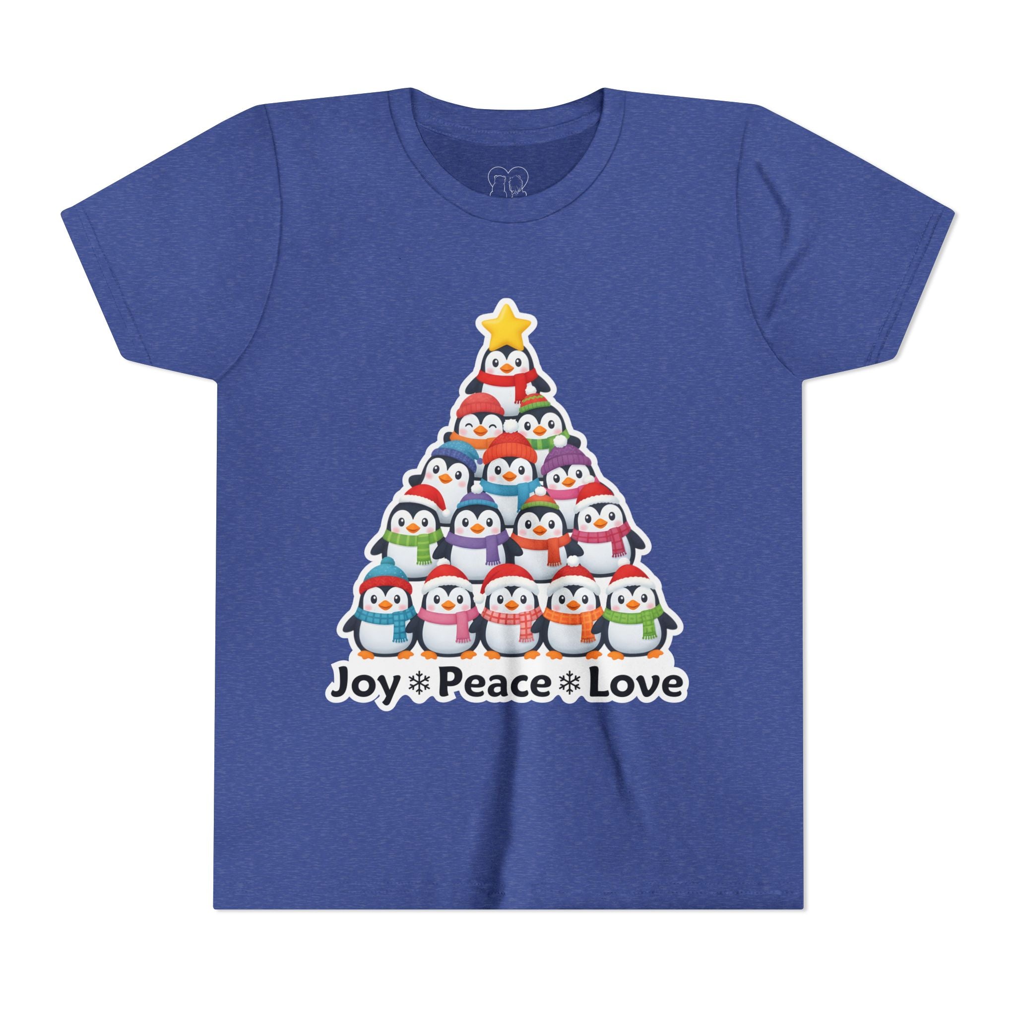"Joy Peace Love" Kids Christmas Tee – Holiday Shirt, Penguin Graphic Tee