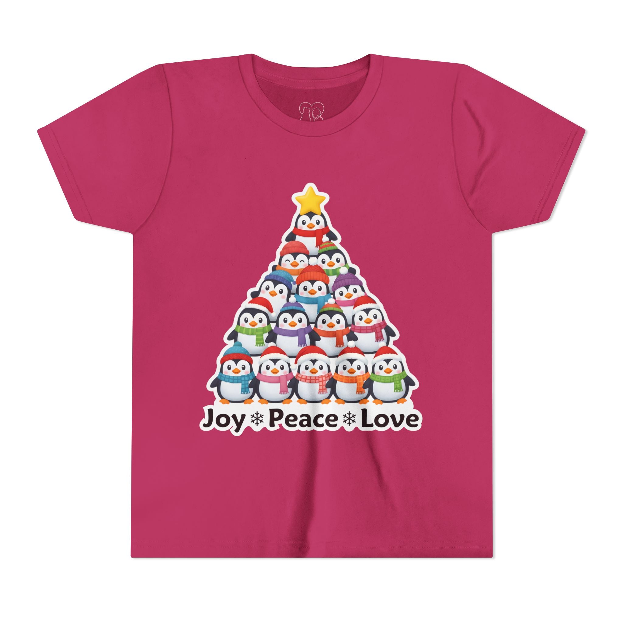 "Joy Peace Love" Kids Christmas Tee – Holiday Shirt, Penguin Graphic Tee