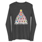 A gray long-sleeved t-shirt with a graphic design depicting a Christmas tree made up of various cartoon penguins.