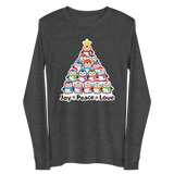 A gray long-sleeved t-shirt with a graphic design depicting a Christmas tree made up of various cartoon penguins.