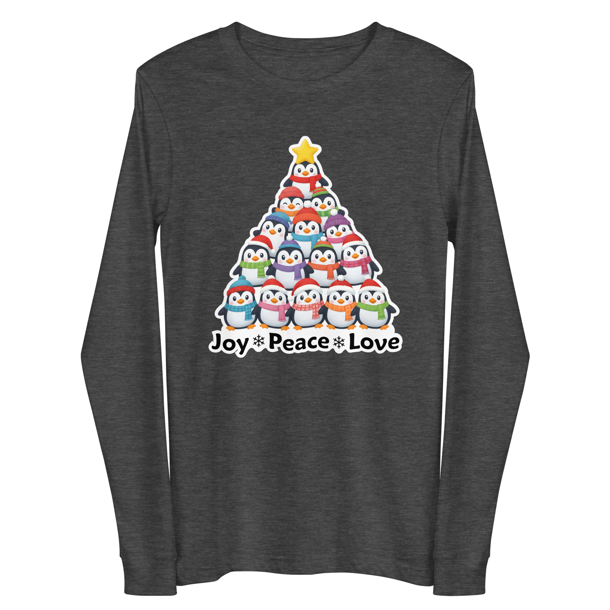 A gray long-sleeved t-shirt with a graphic design depicting a Christmas tree made up of various cartoon penguins.