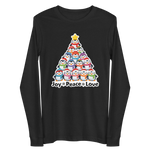 A black long-sleeved t-shirt with a graphic design depicting a Christmas tree made up of various cartoon penguins in different colors and sizes.