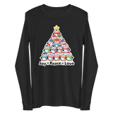 A black long-sleeved t-shirt with a graphic design depicting a Christmas tree made up of various cartoon penguins in different colors and sizes.