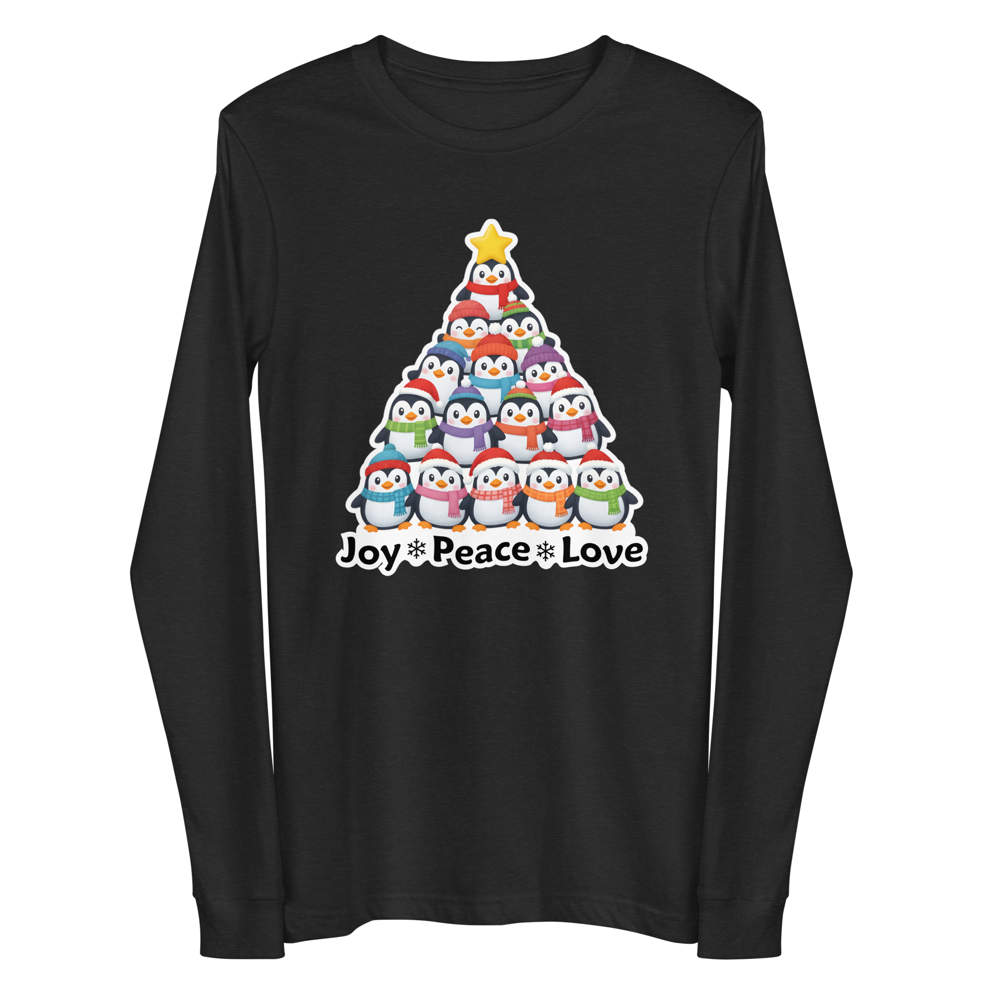 A black long-sleeved t-shirt with a graphic design depicting a Christmas tree made up of various cartoon penguins in different colors and sizes.