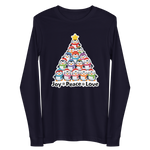 A long-sleeved dark blue t-shirt with a graphic design depicting a Christmas tree made up of various cartoon penguins in different colors and sizes.