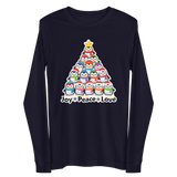 A long-sleeved dark blue t-shirt with a graphic design depicting a Christmas tree made up of various cartoon penguins in different colors and sizes.