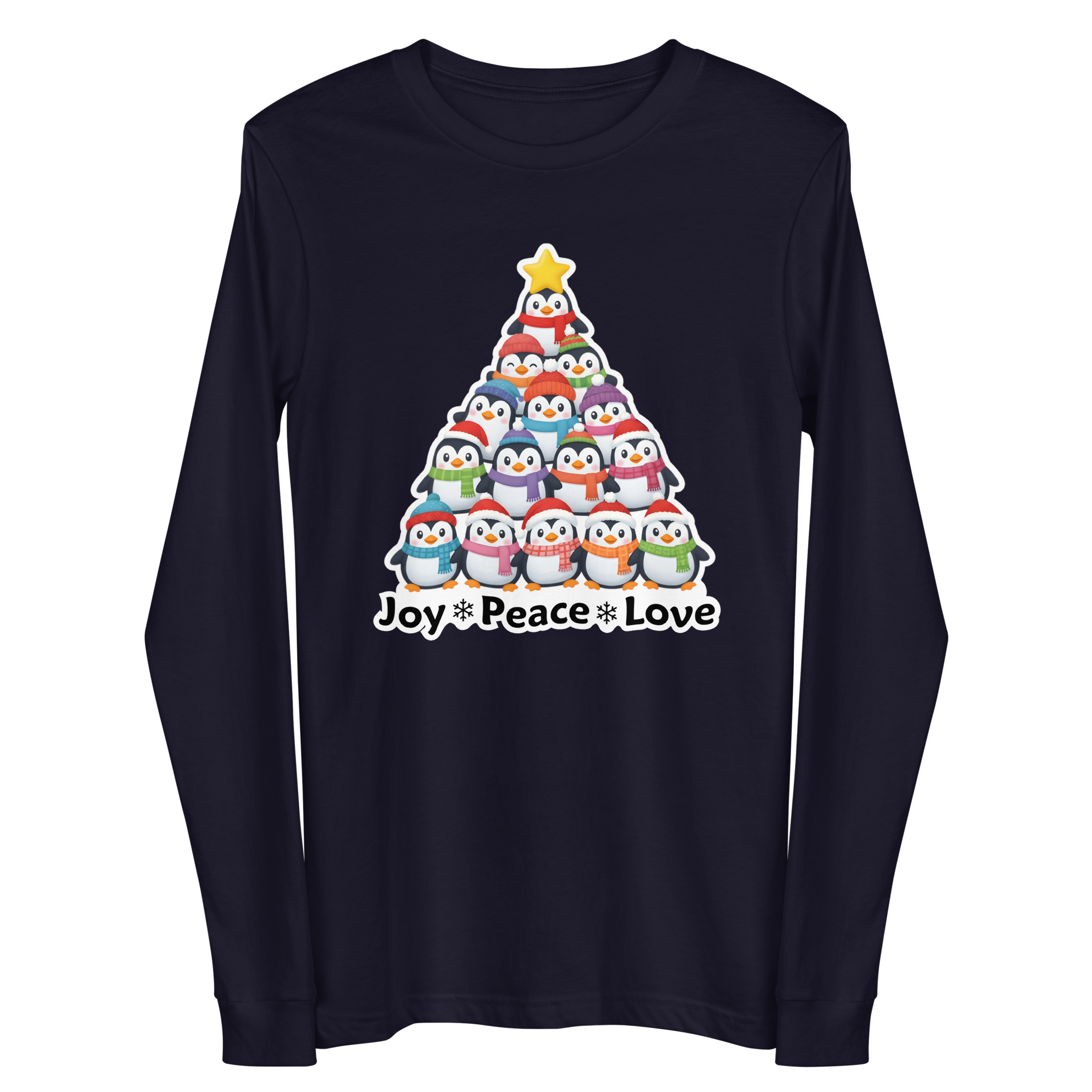 A long-sleeved dark blue t-shirt with a graphic design depicting a Christmas tree made up of various cartoon penguins in different colors and sizes.
