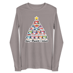 A gray long-sleeved t-shirt with a Christmas tree design featuring a group of colorful penguins arranged in a pyramid shape.