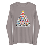 A gray long-sleeved t-shirt with a Christmas tree design featuring a group of colorful penguins arranged in a pyramid shape.