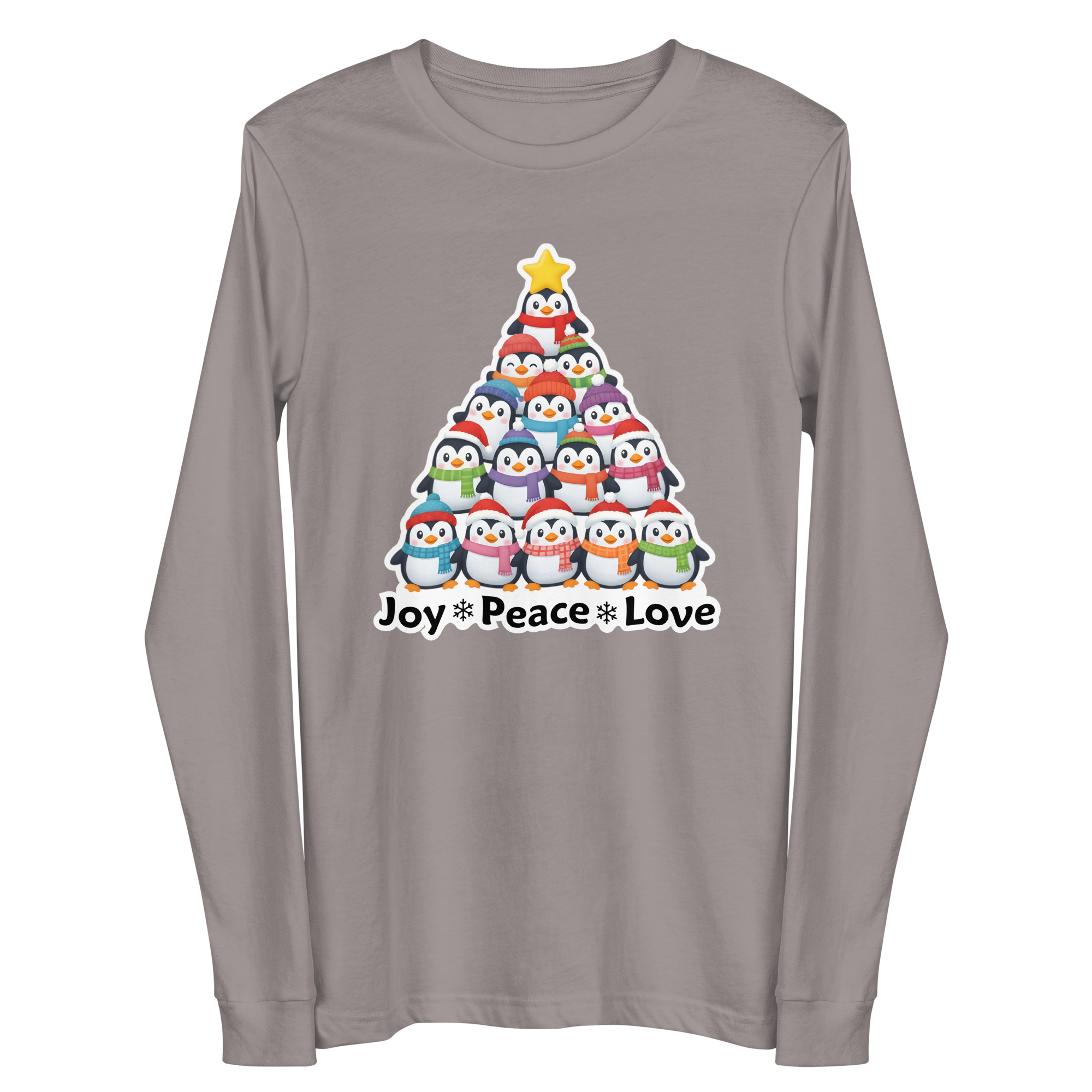 A gray long-sleeved t-shirt with a Christmas tree design featuring a group of colorful penguins arranged in a pyramid shape.