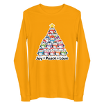 A yellow long-sleeved shirt with a Christmas tree graphic and the text "Joy Peace Love" printed on it.