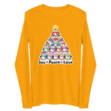 A yellow long-sleeved shirt with a Christmas tree graphic and the text "Joy Peace Love" printed on it.