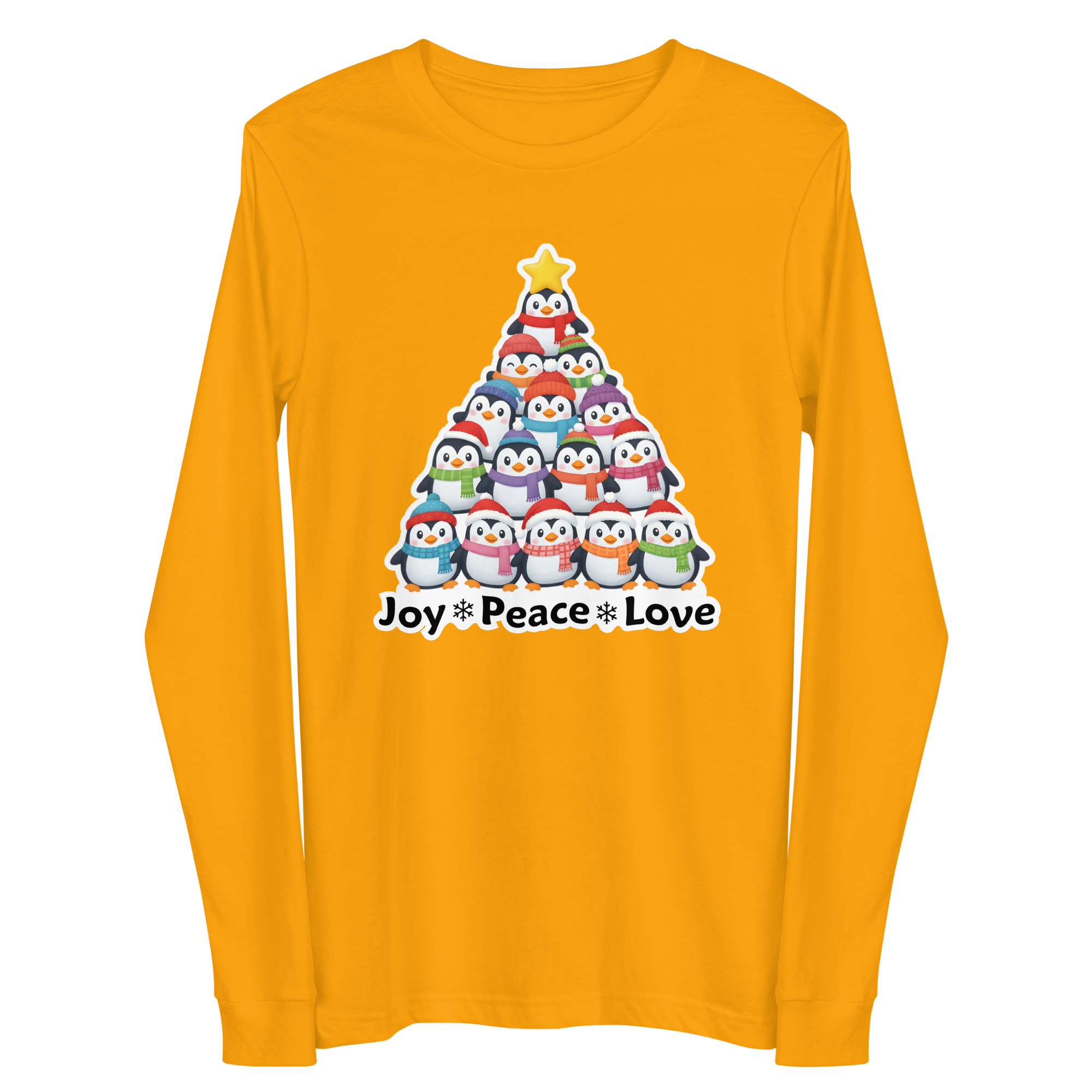 A yellow long-sleeved shirt with a Christmas tree graphic and the text "Joy Peace Love" printed on it.