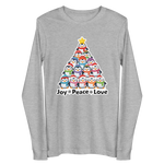 A gray long-sleeved t-shirt with a graphic design depicting a Christmas tree made up of various cartoon penguins in different colors and sizes.