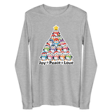 A gray long-sleeved t-shirt with a graphic design depicting a Christmas tree made up of various cartoon penguins in different colors and sizes.