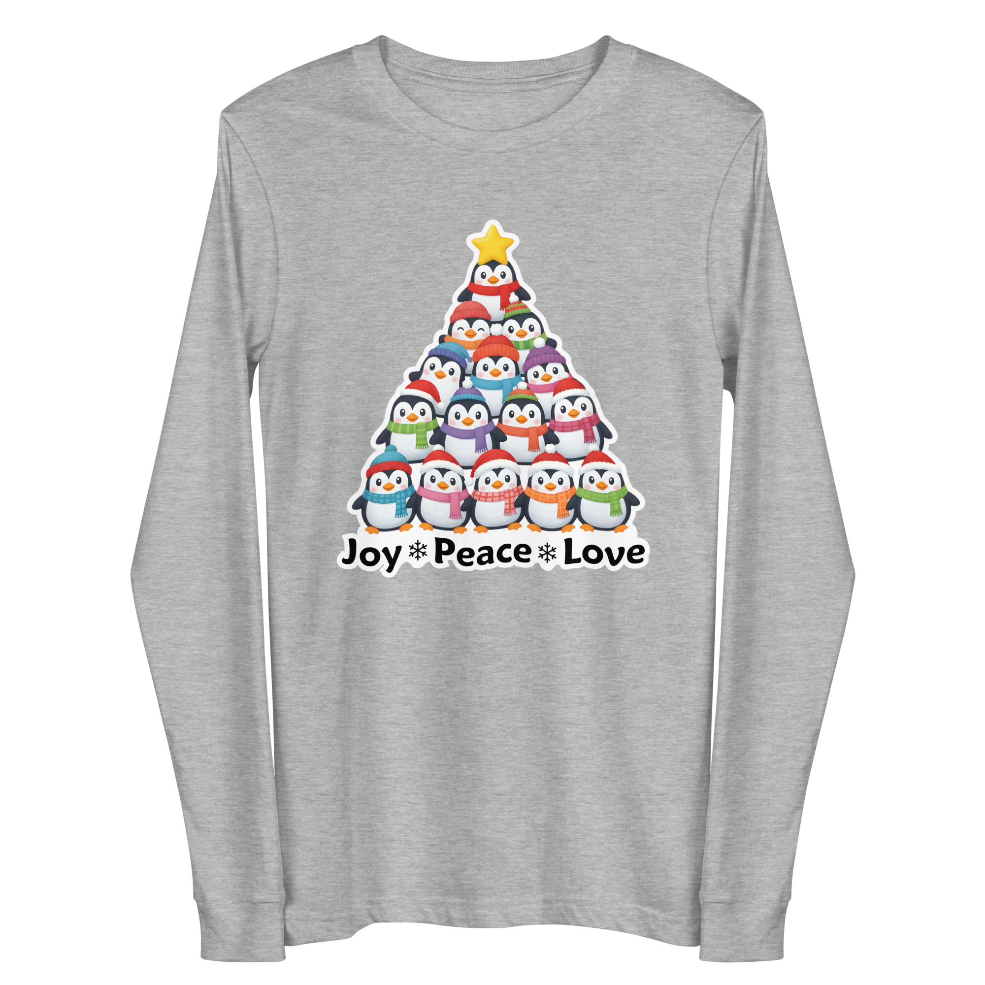 A gray long-sleeved t-shirt with a graphic design depicting a Christmas tree made up of various cartoon penguins in different colors and sizes.
