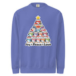 A purple sweatshirt with a graphic design depicting a Christmas tree made up of various cartoon penguins.