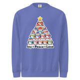 A purple sweatshirt with a graphic design depicting a Christmas tree made up of various cartoon penguins.
