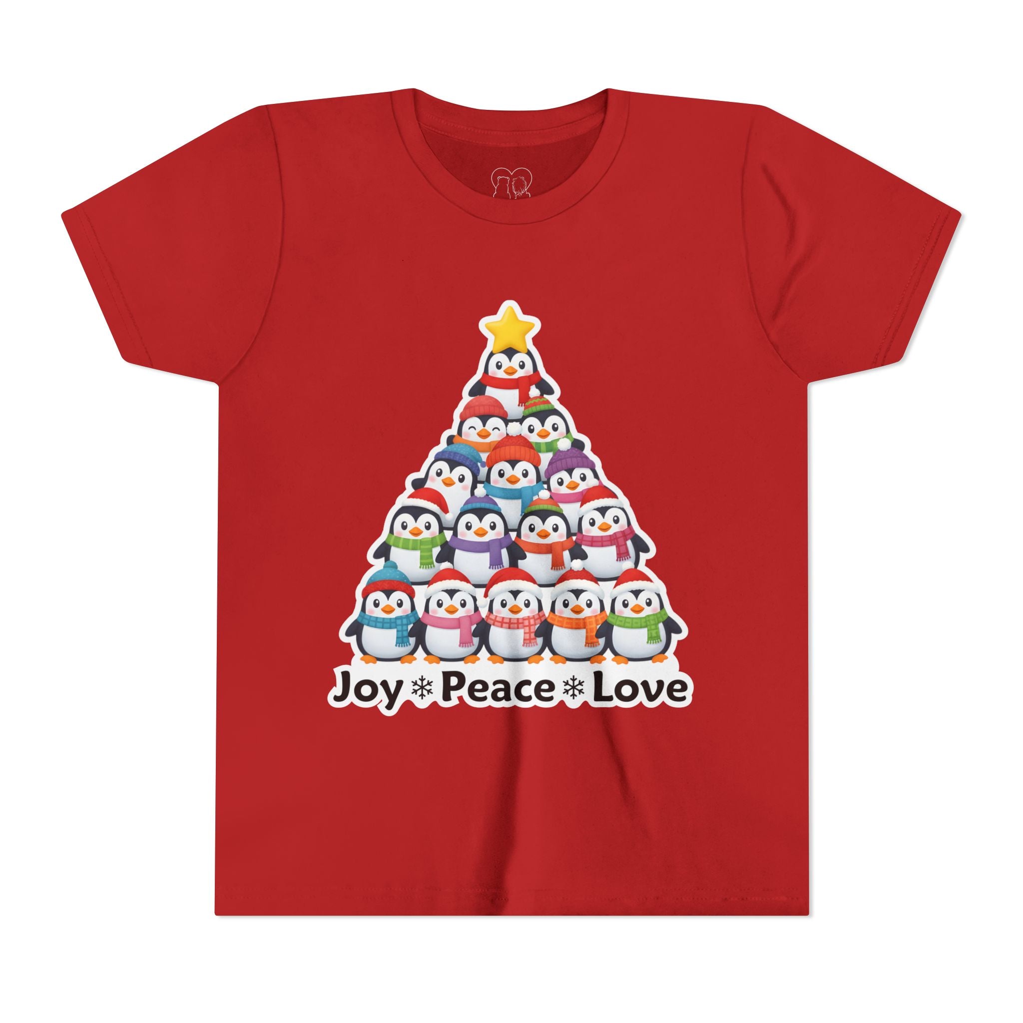 "Joy Peace Love" Kids Christmas Tee – Holiday Shirt, Penguin Graphic Tee