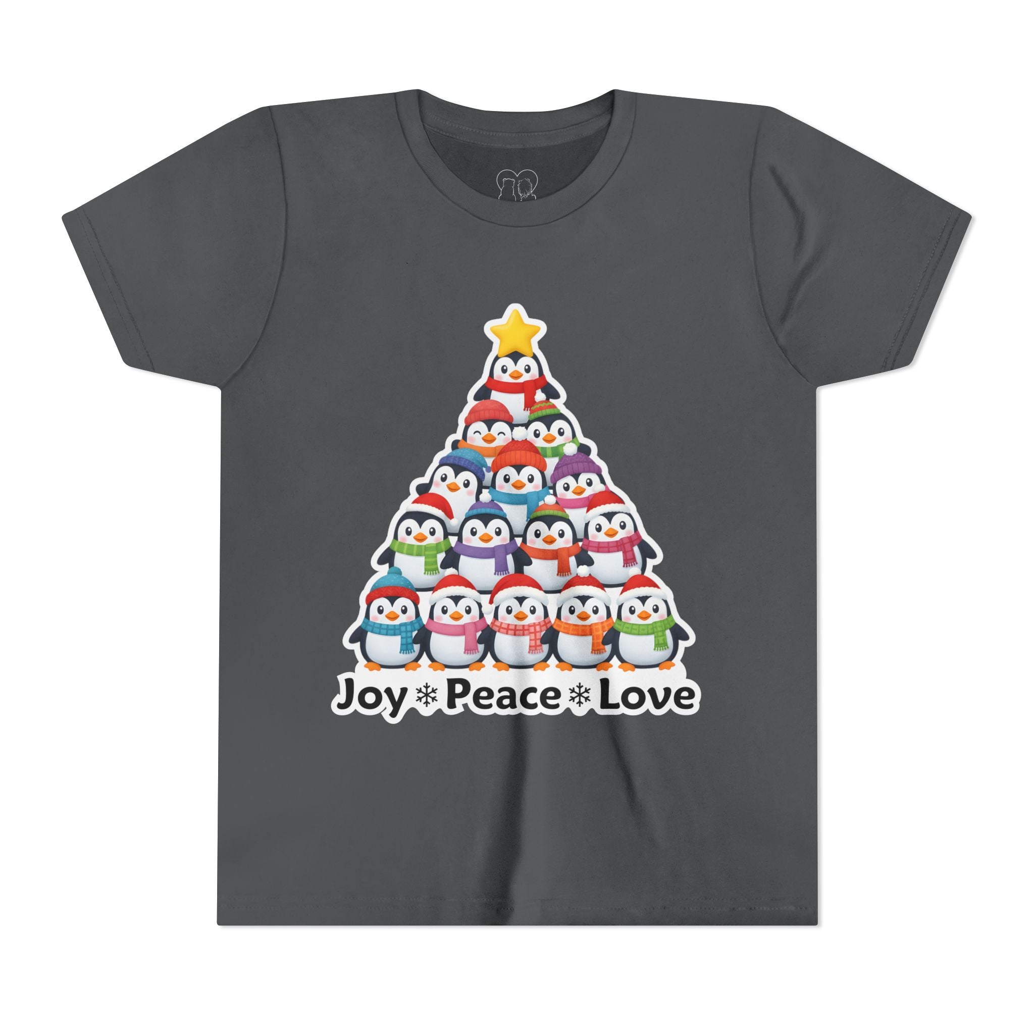 "Joy Peace Love" Kids Christmas Tee – Holiday Shirt, Penguin Graphic Tee