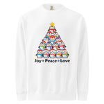 A white sweater with a graphic design depicting a Christmas tree made up of various colorful penguins.