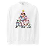 A white sweater with a graphic design depicting a Christmas tree made up of various colorful penguins.