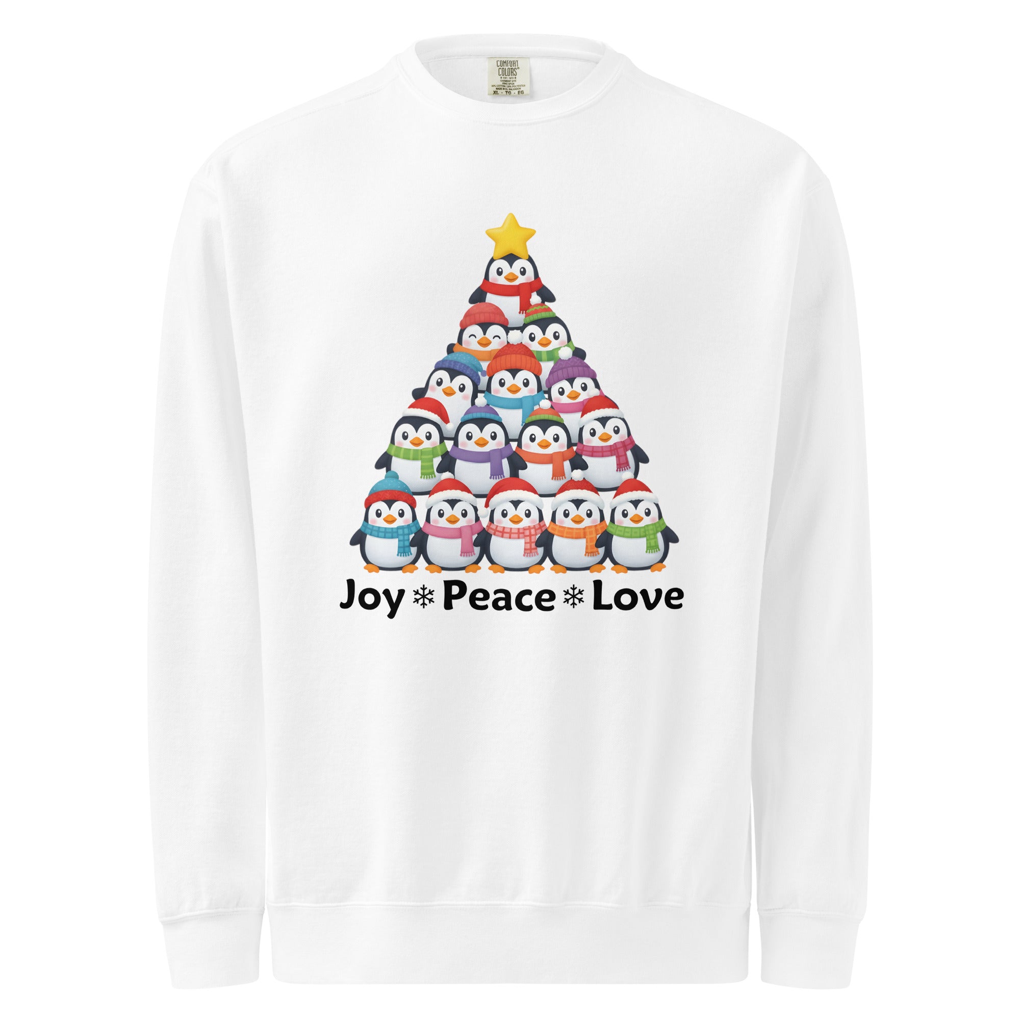 A white sweater with a graphic design depicting a Christmas tree made up of various colorful penguins.