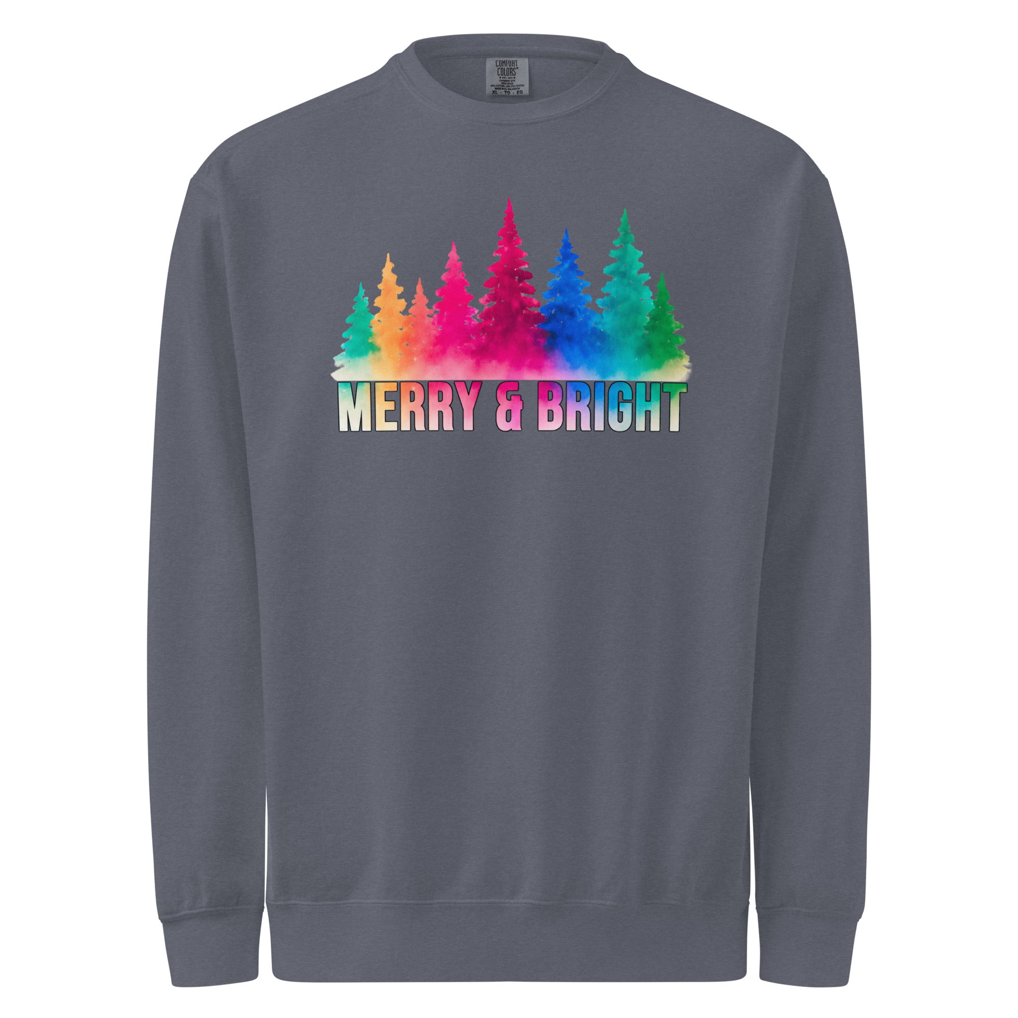 A gray sweatshirt with a graphic design featuring a line of colorful trees and the text "MERRY & BRIGHT" below them.