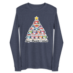 A gray long-sleeved t-shirt with a graphic design depicting a Christmas tree made up of various cartoon penguins in different colors and sizes.